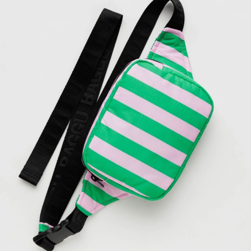 BAGGU Puffy Fanny Pack: Pink and Green Awning Stripe